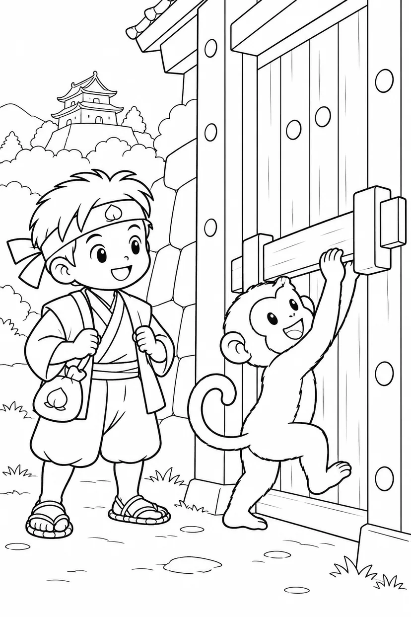 ほっこり桃太郎：猿の門開けと桃太郎の塗り絵