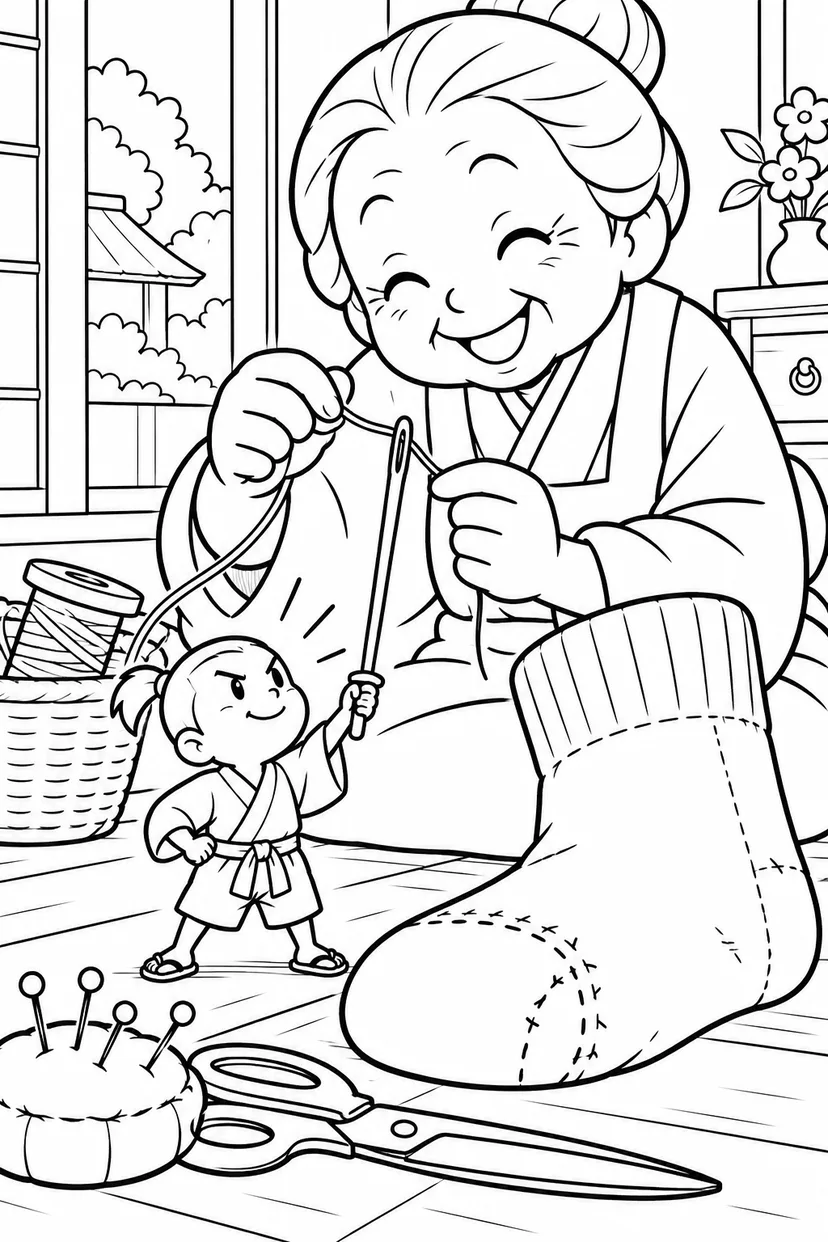 一寸法師・針の剣でお裁縫のお手伝いの塗り絵