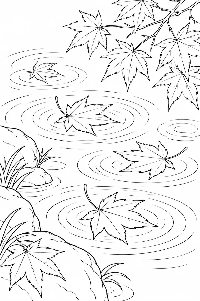 水面に浮かぶ紅葉と輪の波紋の塗り絵