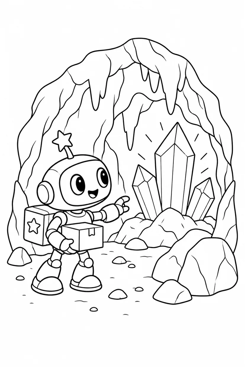 星の配達ロボットと水晶の洞窟の塗り絵