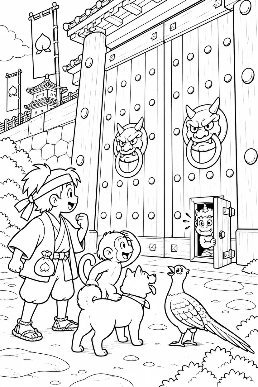 ギャグ桃太郎：桃太郎一行と鬼ヶ島の門の塗り絵
