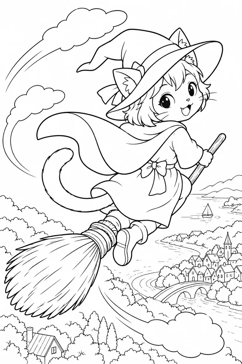 ほうきで急カーブの塗り絵