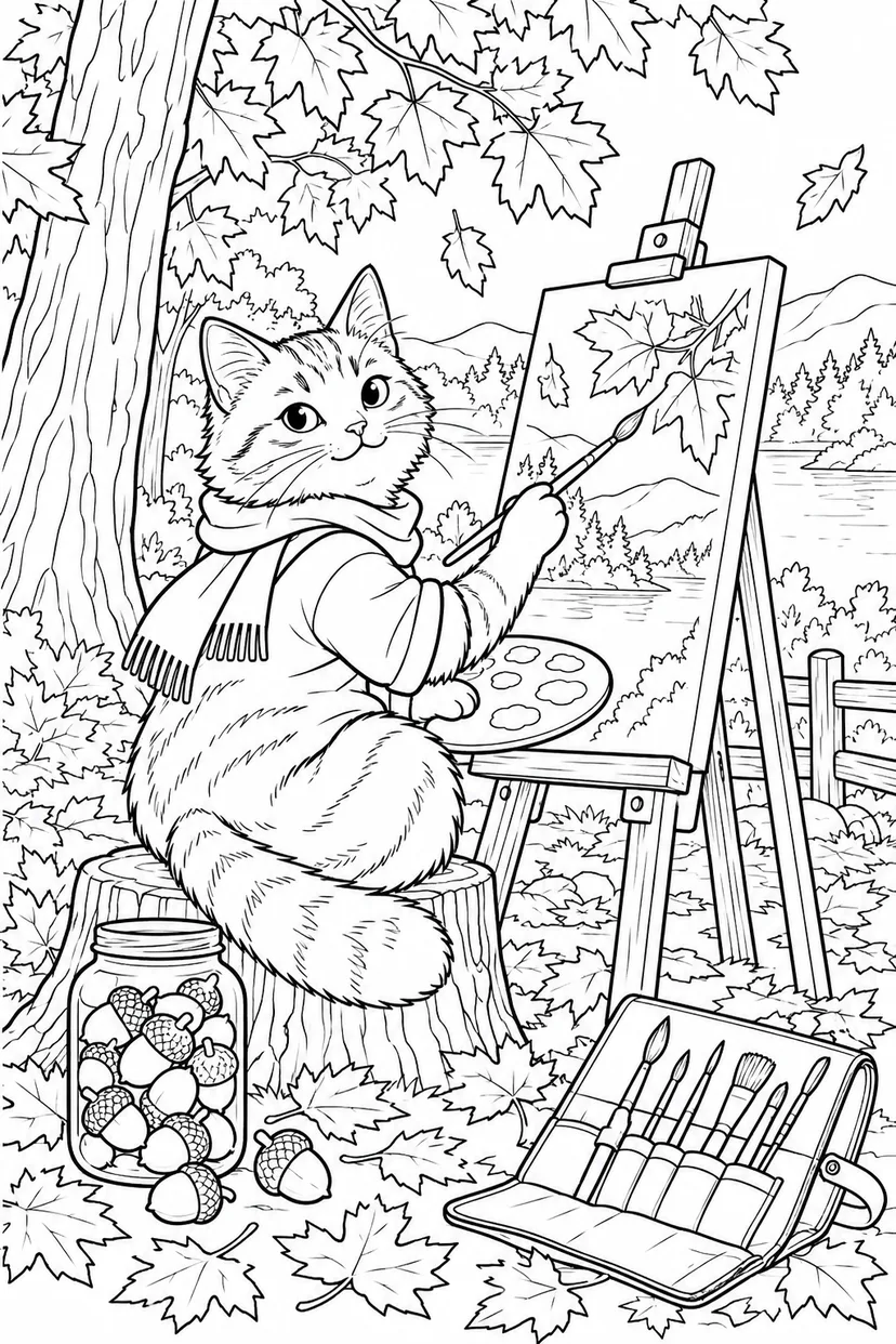 秋のねこの旅する画材箱の塗り絵