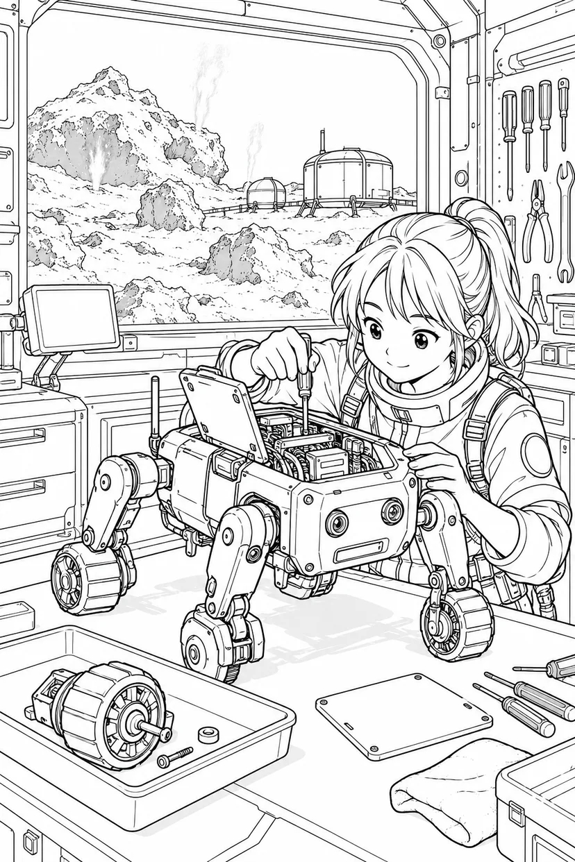 彗星の観測基地：ロボットの整備工房の塗り絵