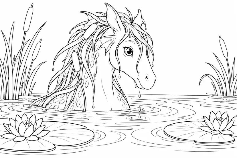 池から顔を出す水の馬の塗り絵