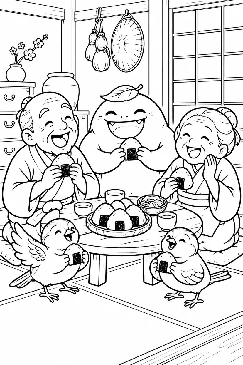 したきりすずめ：すずめもおばけも大宴会の塗り絵