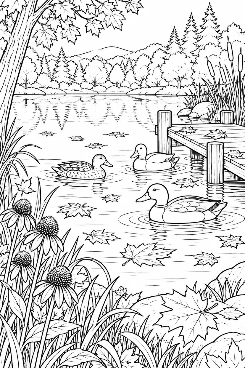 秋の池のほとりの生きものの塗り絵