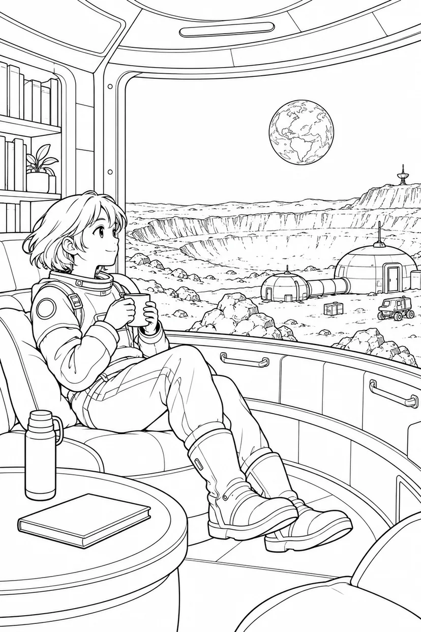 月のクレーター基地：窓のある休憩室の塗り絵