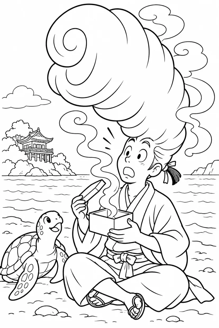 浦島太郎：玉手箱の煙で大きな髪型（ギャグ）の塗り絵
