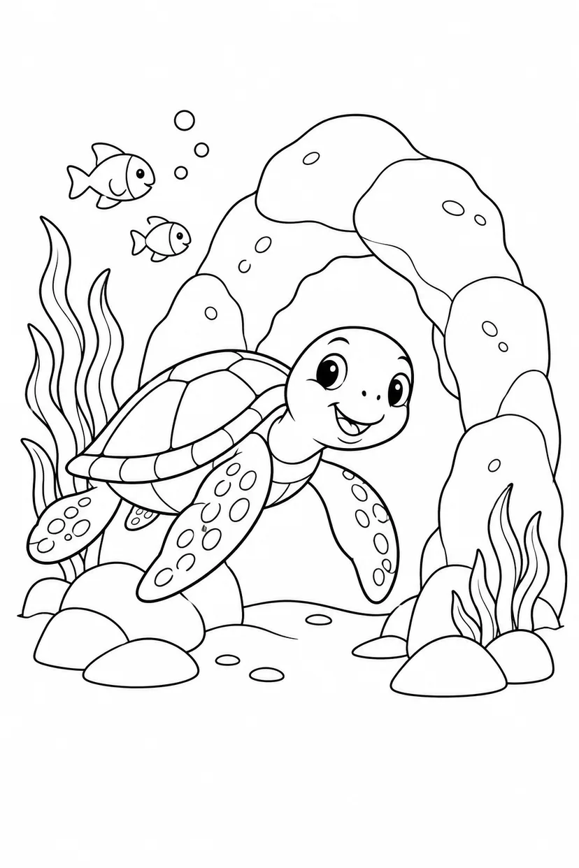 ウミガメと海のトンネルの塗り絵