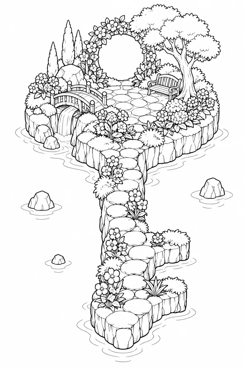 鍵の形をした島の庭園の塗り絵