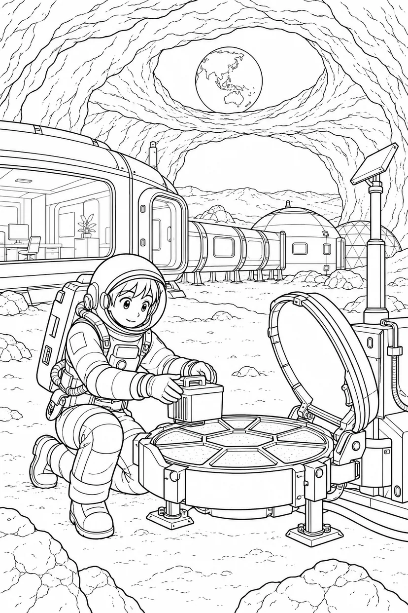 月の溶岩洞基地：宇宙のちりを集める装置の塗り絵