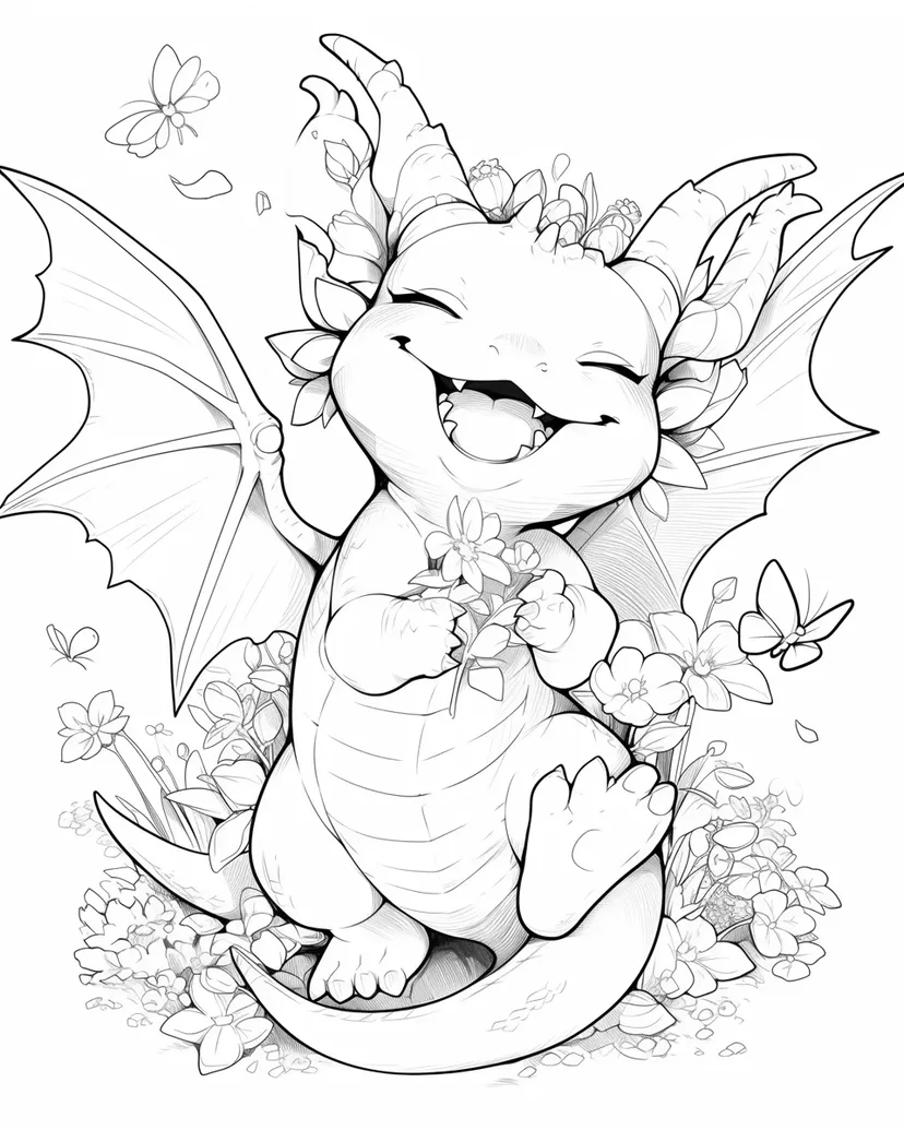 花に囲まれた幸せドラゴンの塗り絵