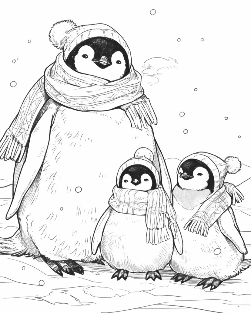 ペンギンの親子の塗り絵