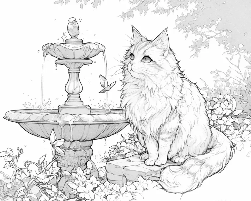 喷泉旁的猫和蝴蝶涂色页