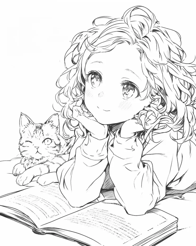 阅读的女孩和猫涂色页