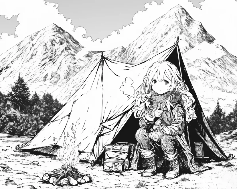 Coloriage Camping en Montagne