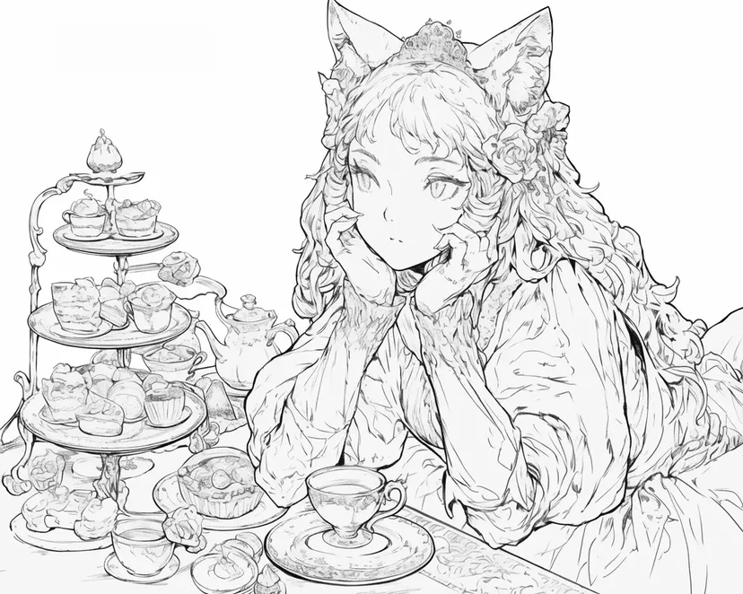 猫耳少女的茶会涂色页