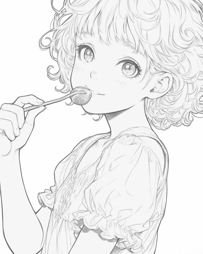 Dibujo de Niña Disfrutando de un Caramelo para colorear