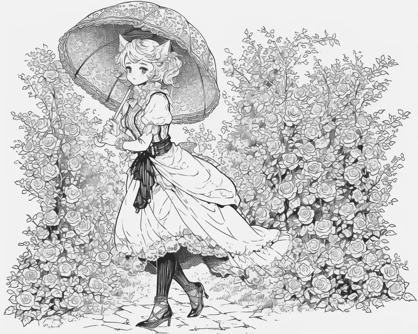 Desenho de Menina com Orelhas de Gato Caminhando em um Jardim de Rosas para colorir