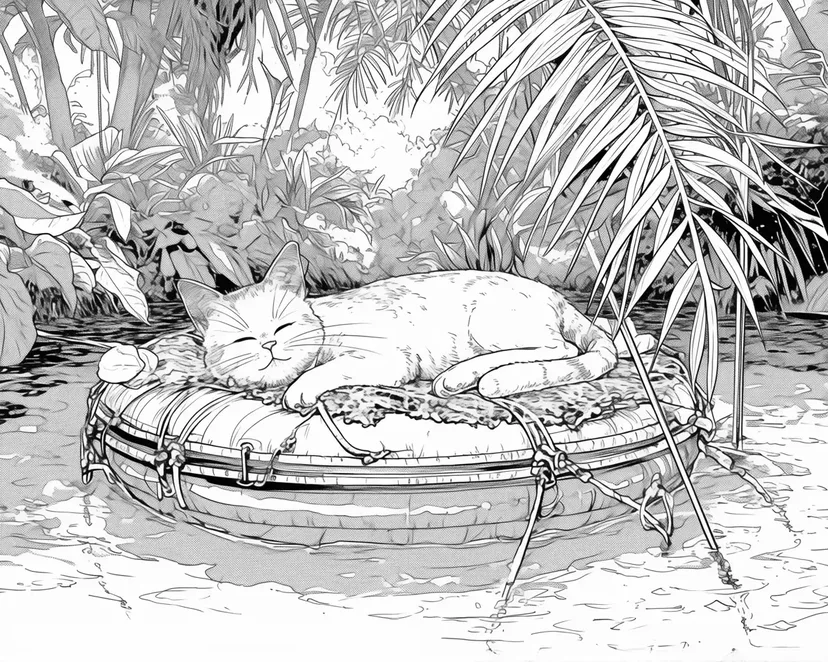 Floating Cat on a Raft coloring page