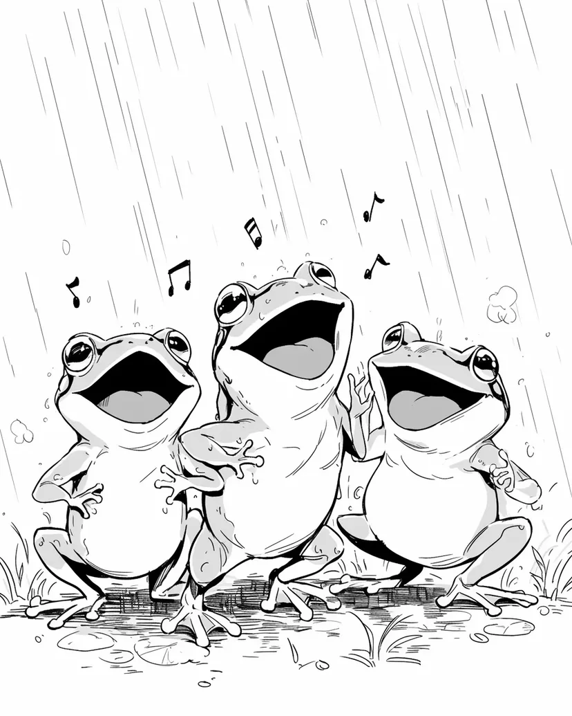 雨の中で歌うカエルたちの塗り絵
