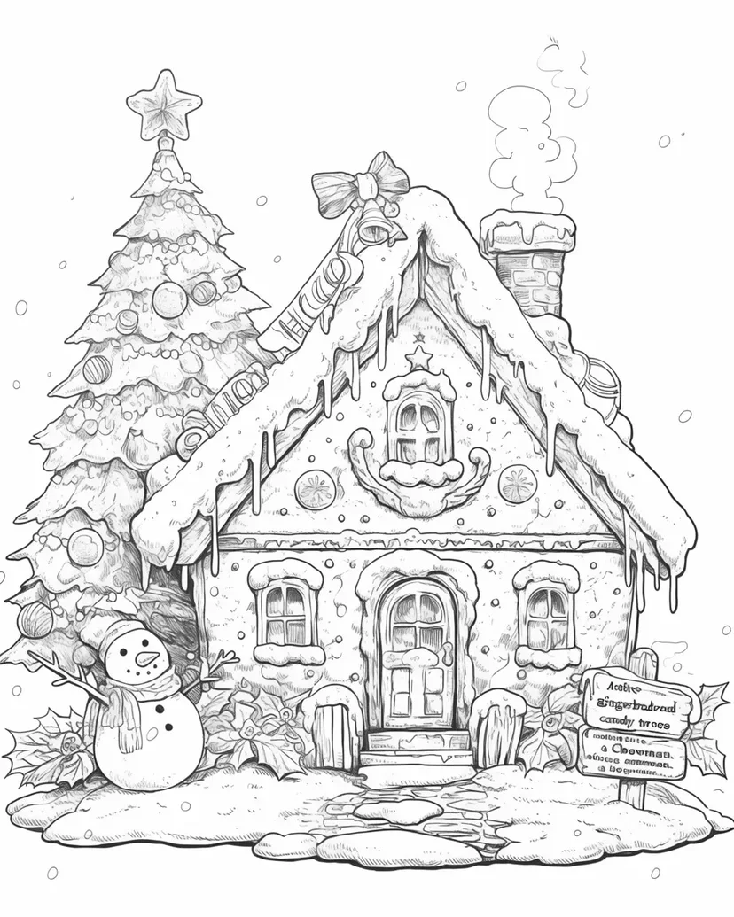 お菓子の家と雪だるまの塗り絵