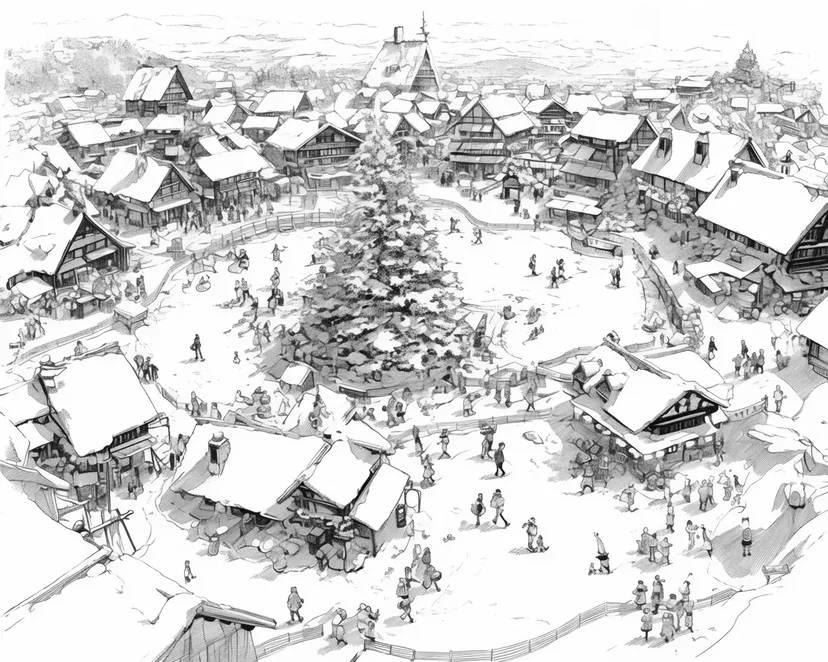 冬の村の広場の塗り絵