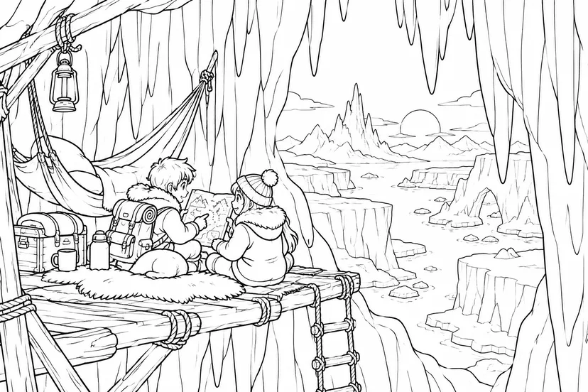 凍った滝の裏の秘密基地の塗り絵