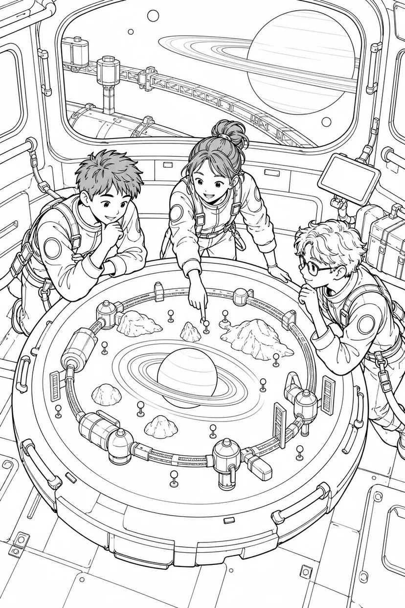 環のある惑星の軌道基地：地形模型と作戦会議の塗り絵