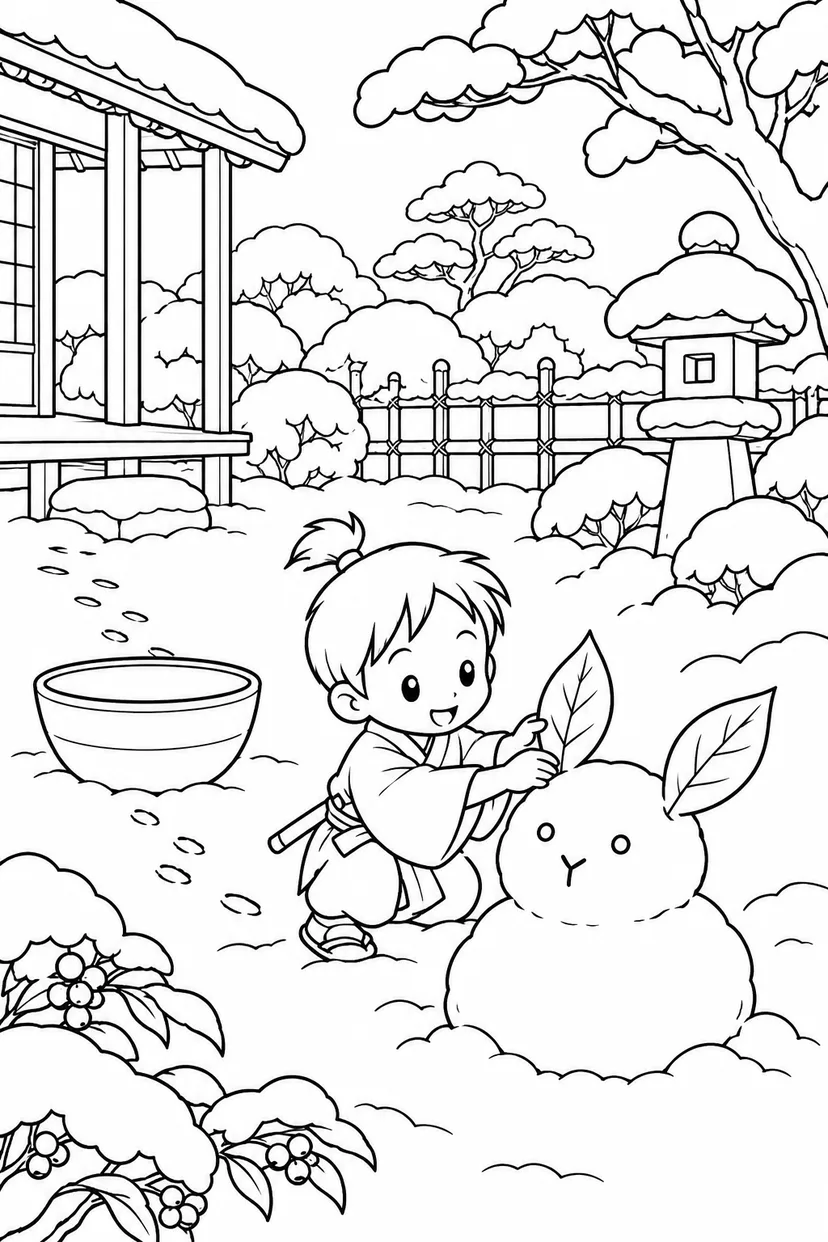 一寸法師・雪うさぎと小さな足あとの塗り絵
