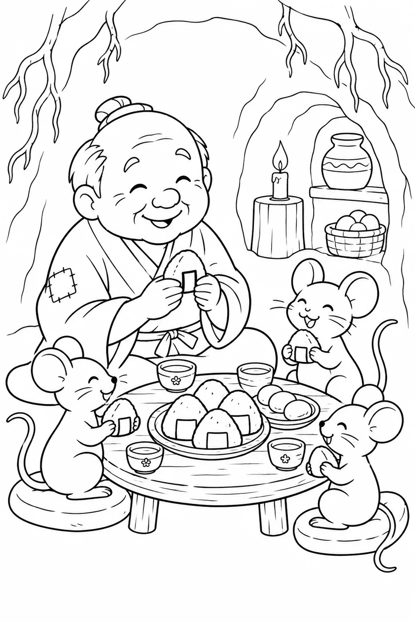 おむすびころりん・ほっこり：小さなごちそうの宴の塗り絵