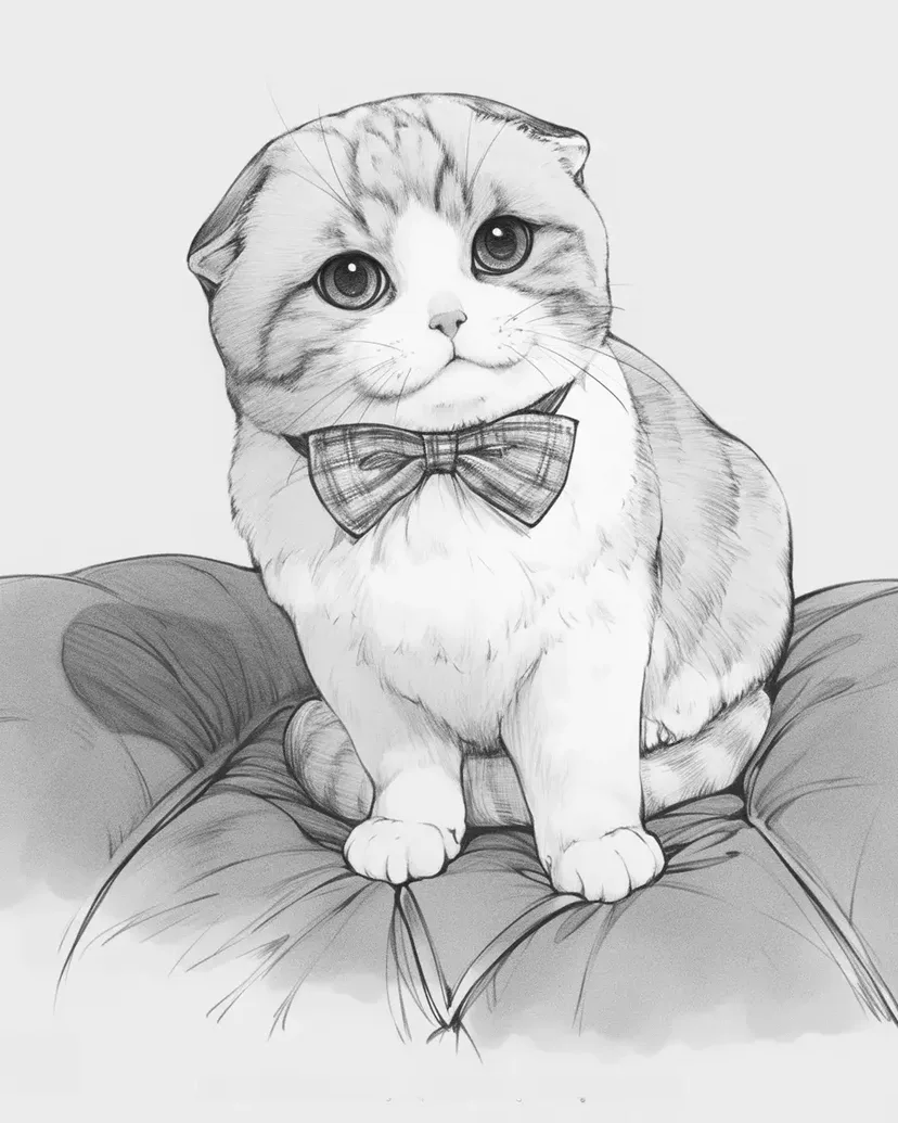 Desenho de Scottish Fold com uma Pequena Gravata Borboleta para colorir