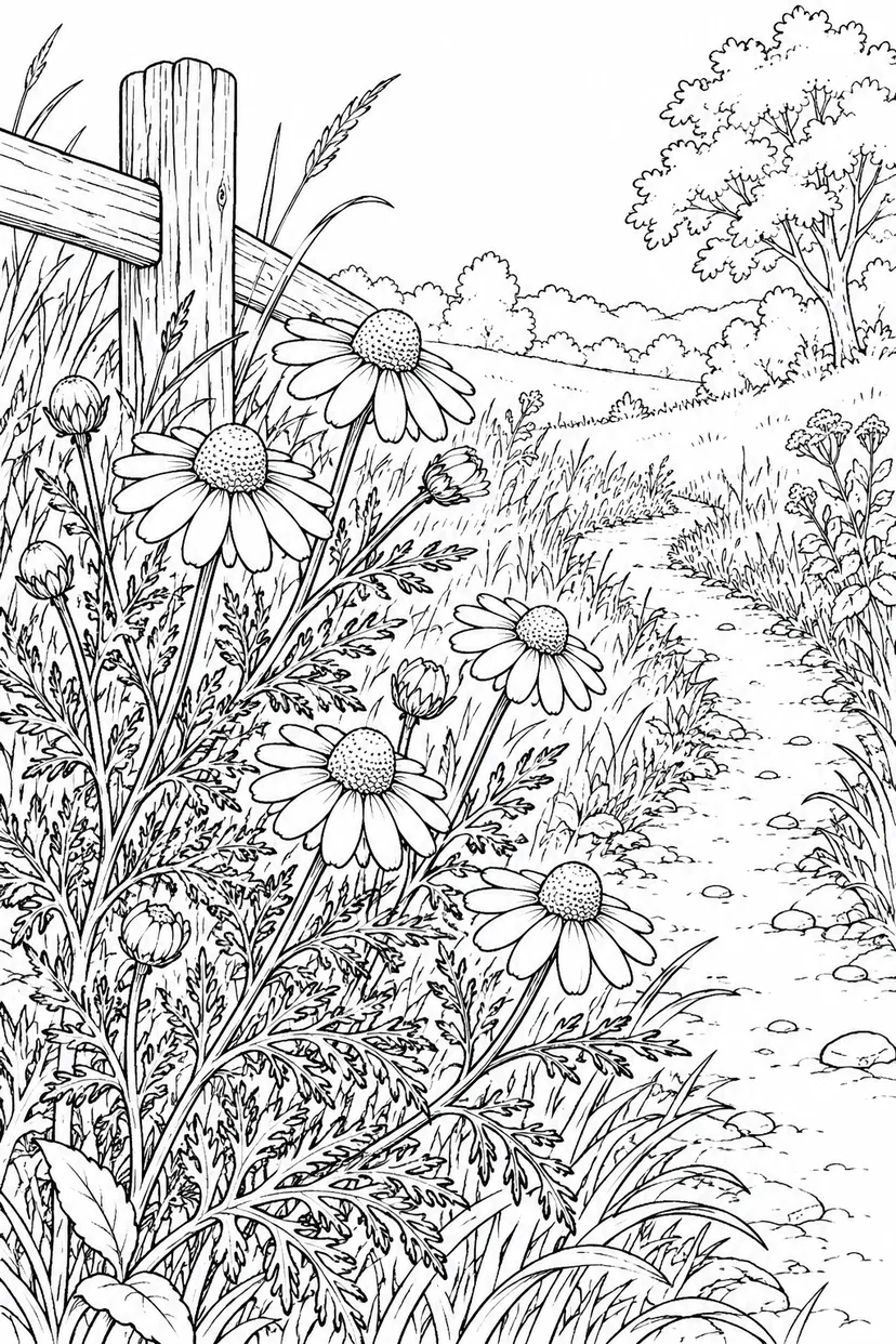 自然のひとこま：カモミールの花と葉の塗り絵