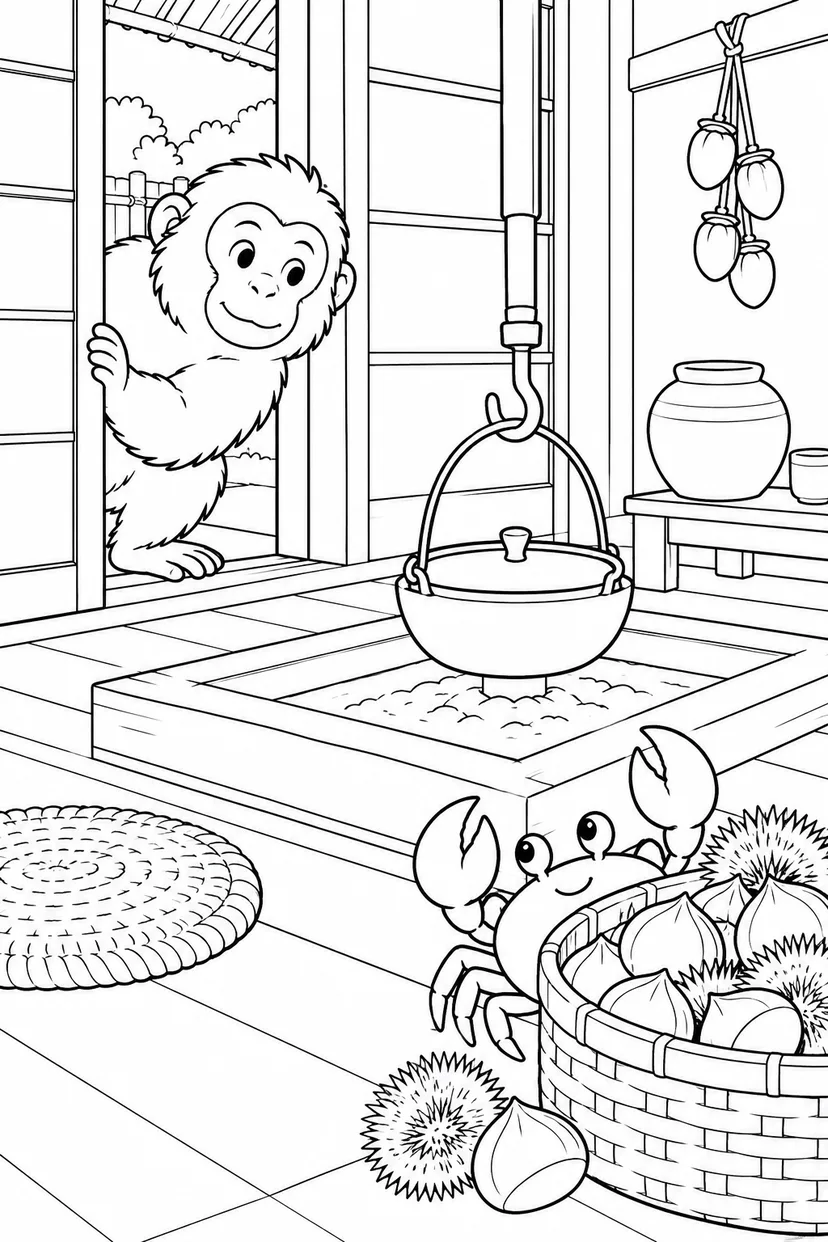 さるかに合戦 ほっこり：囲炉裏にかくれる栗の塗り絵