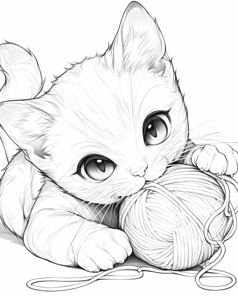 毛糸玉と遊ぶ子猫の塗り絵
