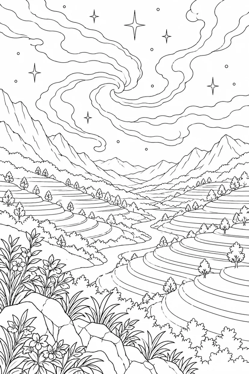 段々畑の谷と星雲のゆらめきの塗り絵