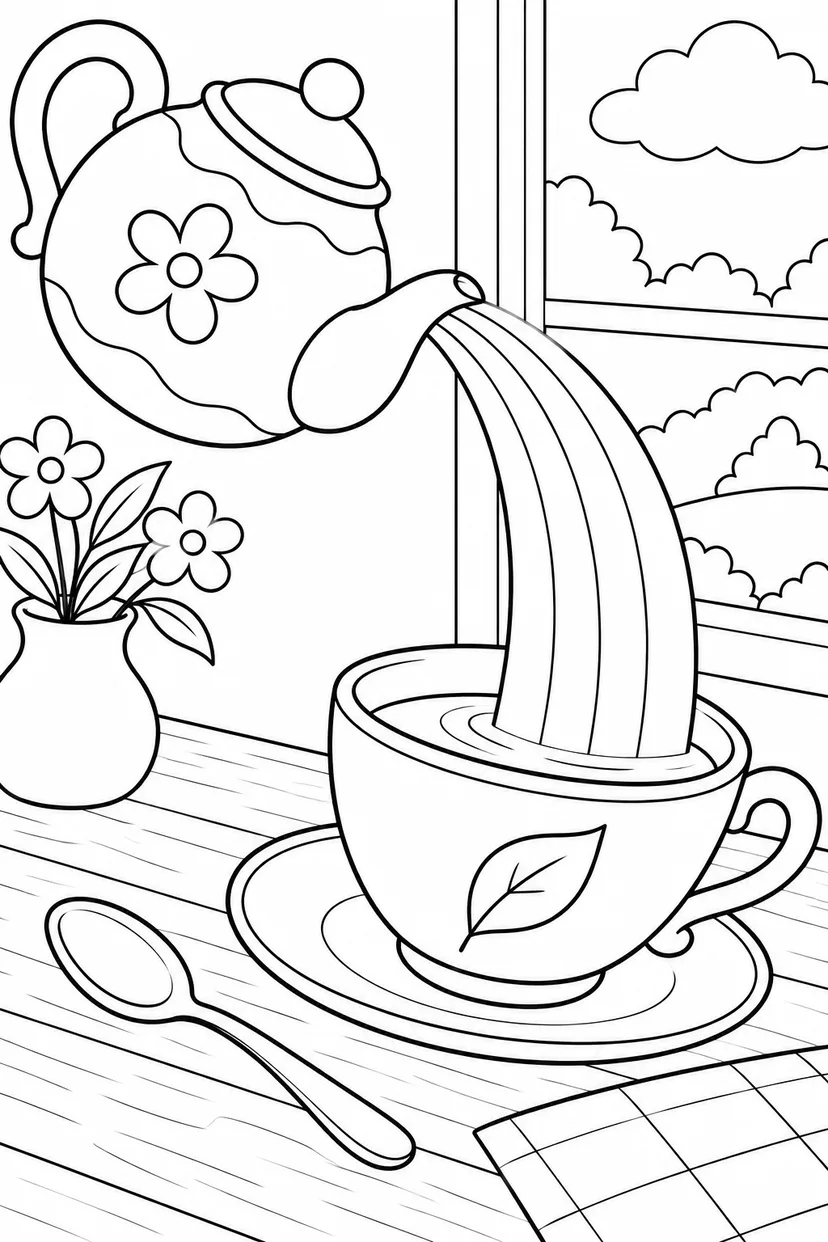ティーポットから小さな虹の塗り絵