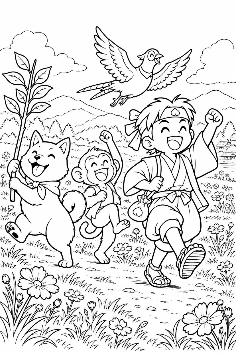 ギャグ桃太郎：桃太郎一行の野原さんぽの塗り絵