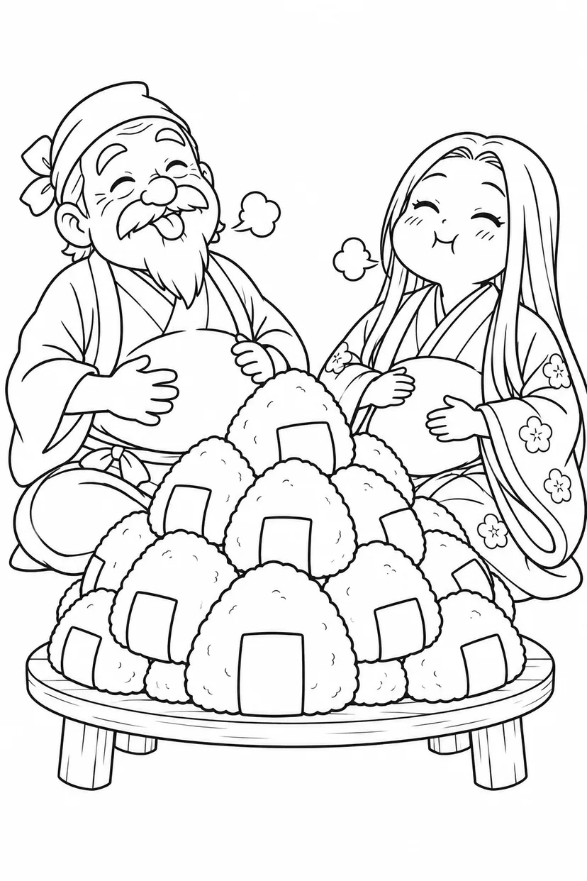 かぐや姫とおむすび山の食いしん坊の塗り絵