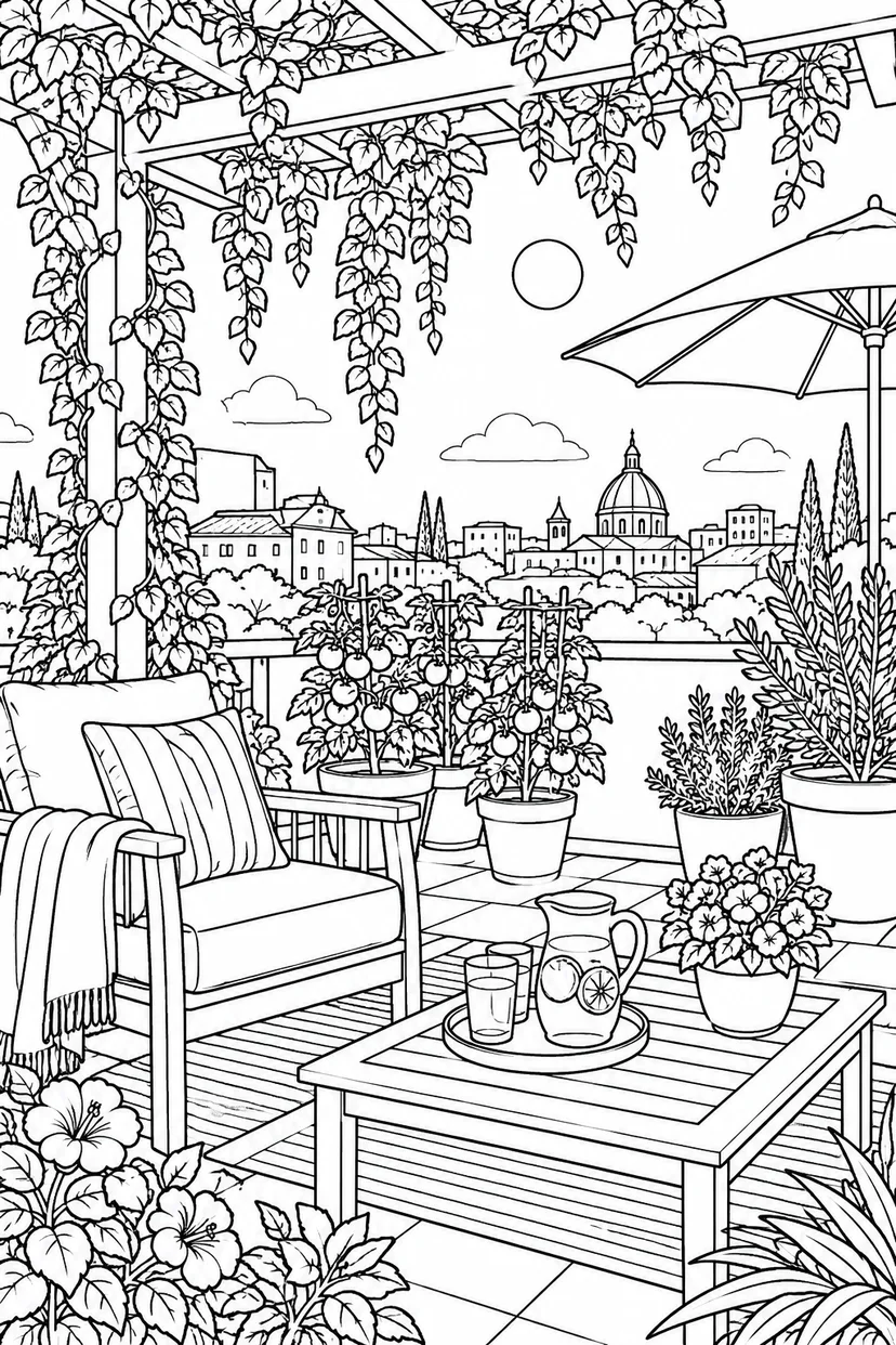 夏の屋上庭園のひみつの塗り絵