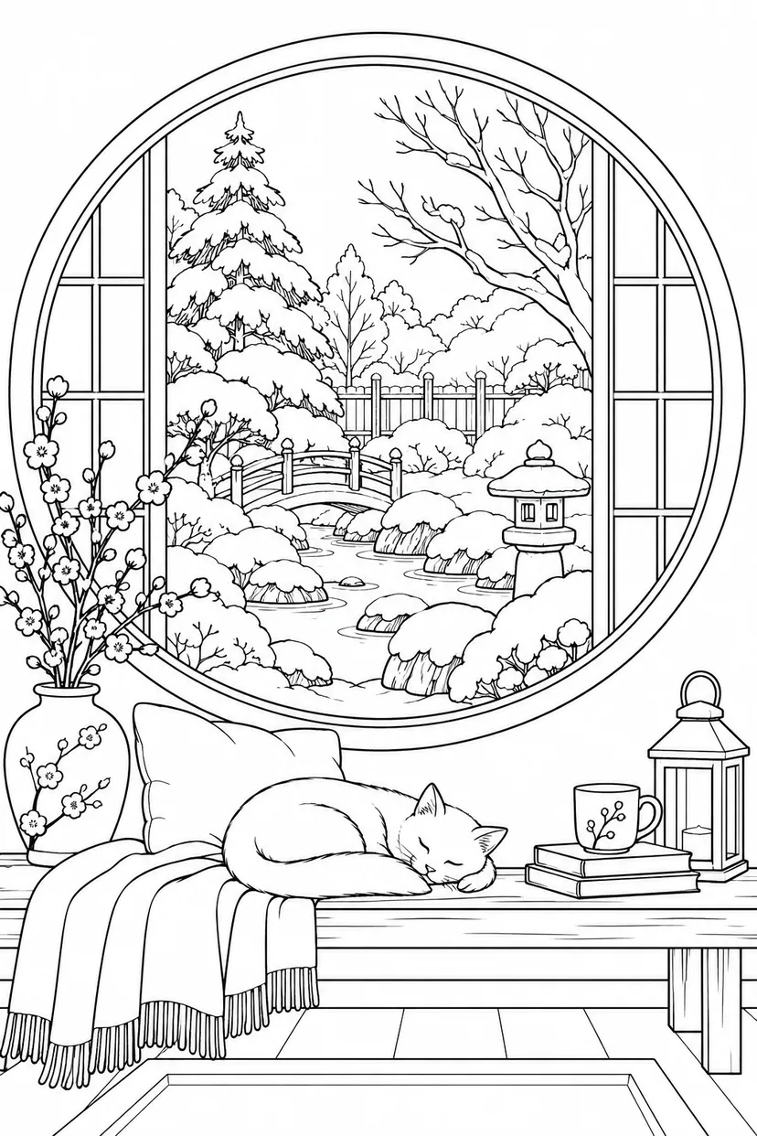 雪の庭を望む丸い窓の塗り絵