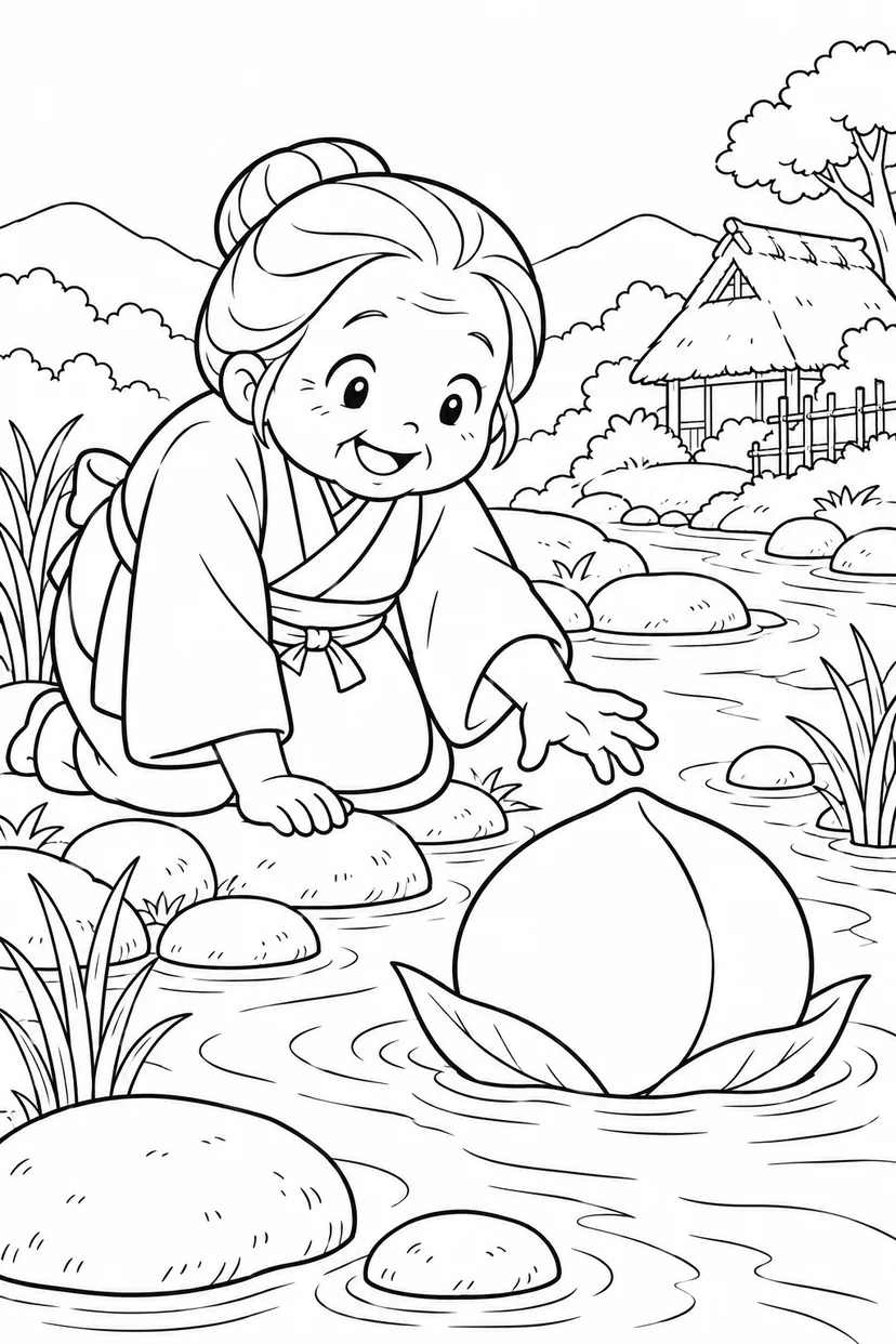 ほっこり桃太郎：川に流れる大きな桃の塗り絵