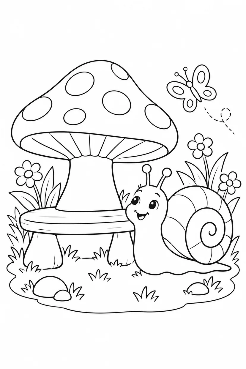 カタツムリときのこのベンチの塗り絵