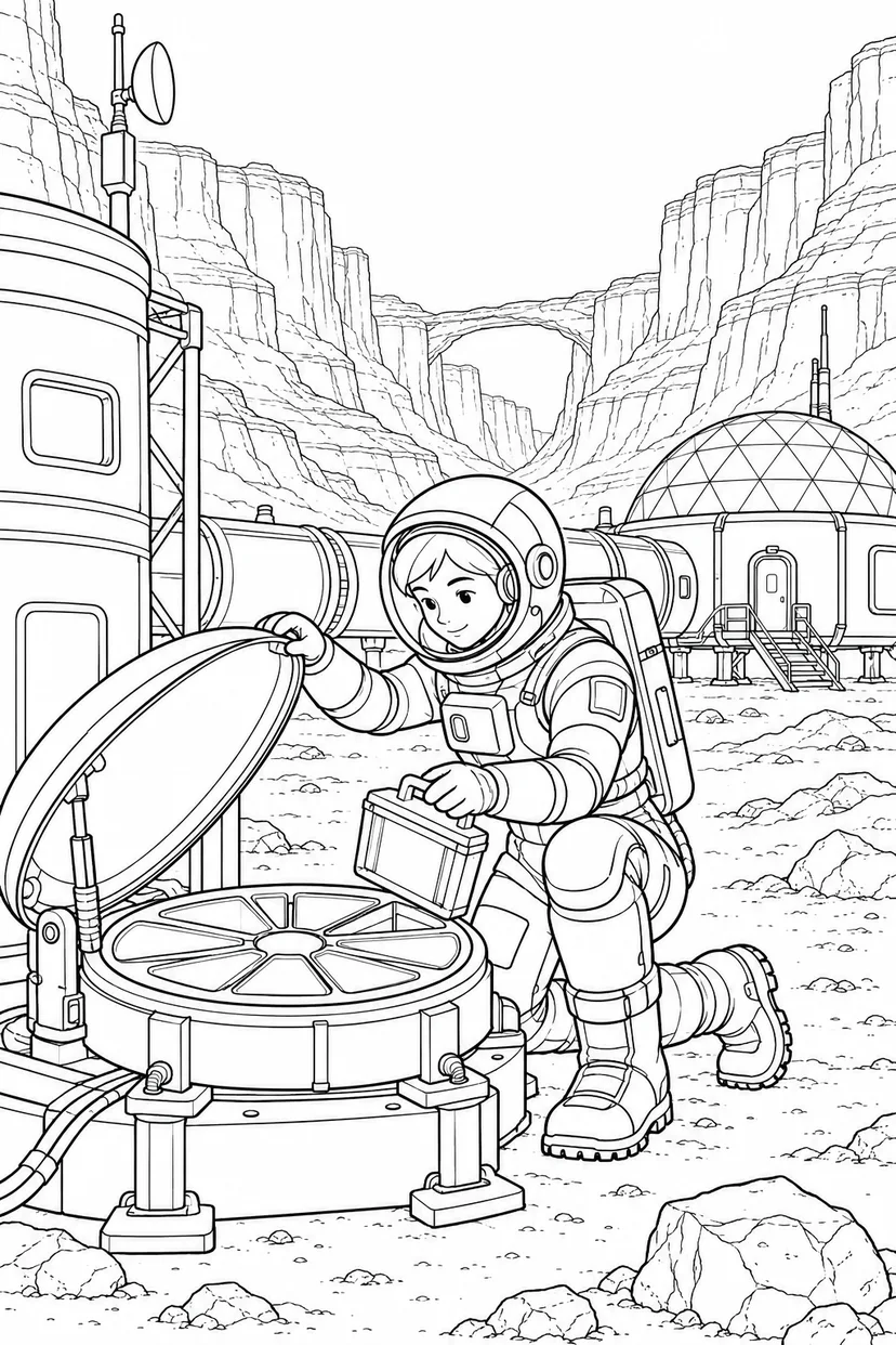 火星の峡谷基地：宇宙のちりを集める装置の塗り絵
