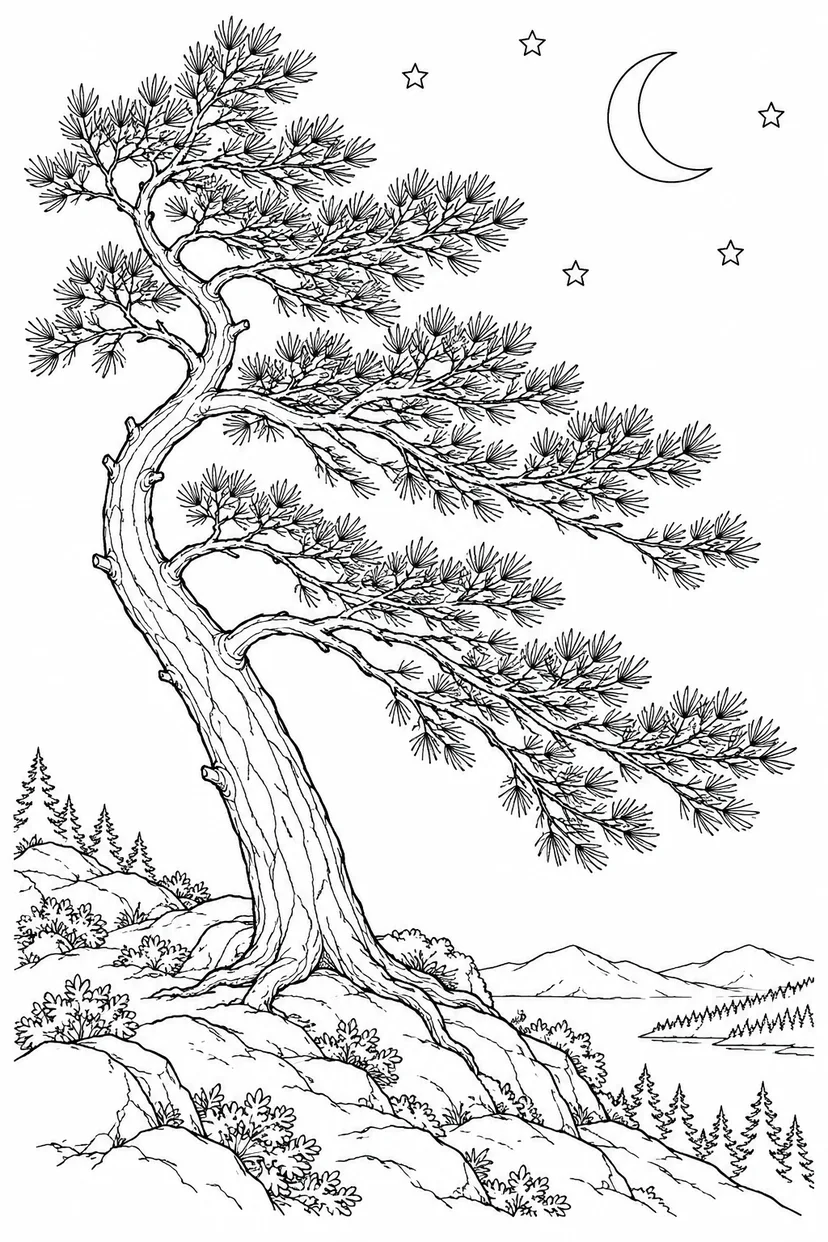 Coloriage Pin solitaire vers le ciel nocturne