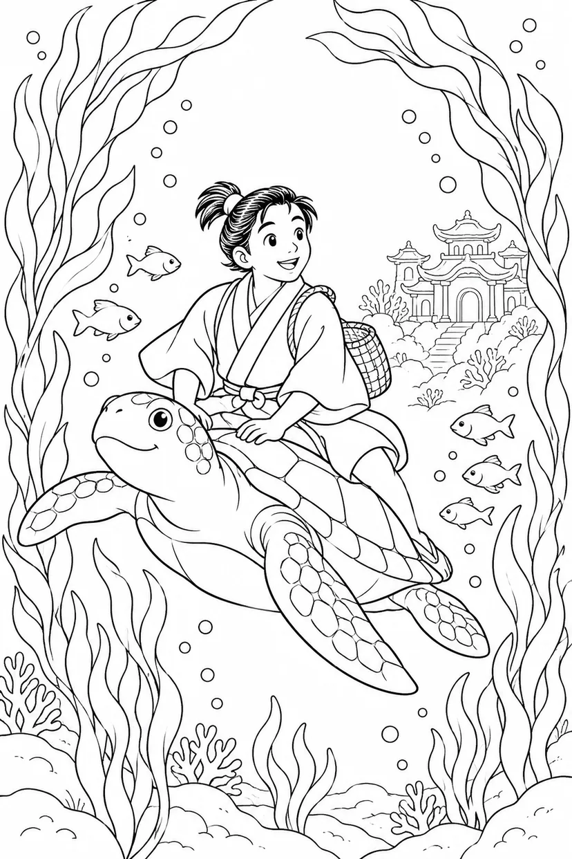 浦島太郎：海藻の森をくぐる（ほっこり）の塗り絵
