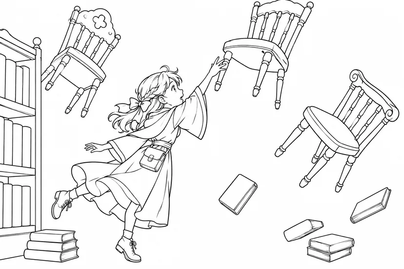 浮く椅子をつかまえる司書の塗り絵