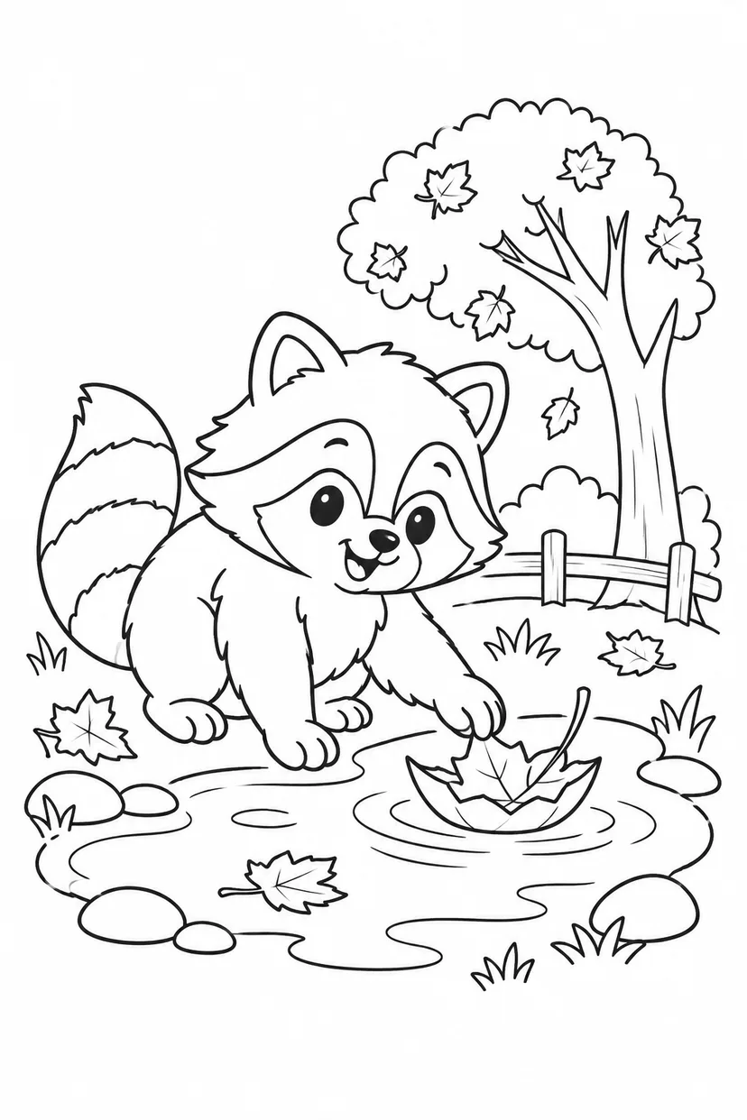 たぬきの落ち葉の舟の塗り絵