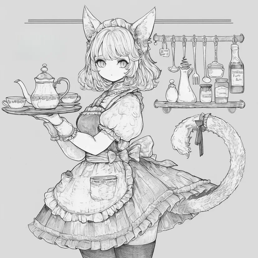 Tea Time with Cat-Eared Maid coloring page